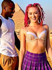 Black man and a young white woman engage in passionate outdoor lovemaking at the Pyramids of Giza at sunset